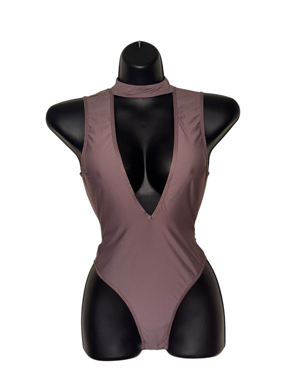 Victoria's Secret Women's Size XS Bodysuit Deep V-Neckline Mock Neck Taupe